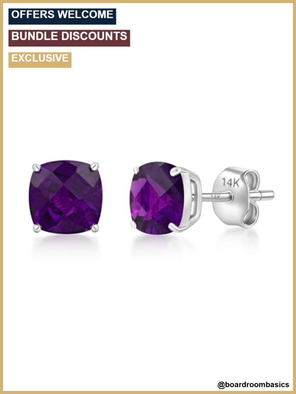 14K White Gold Cushion Cut Amethyst 6mm Stud Earrings Push Back